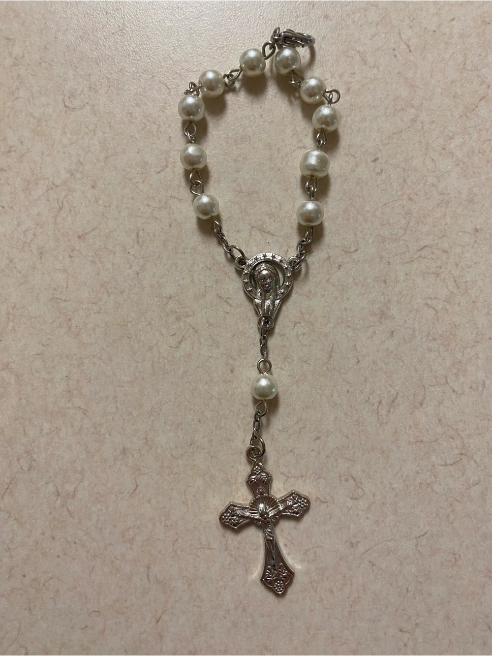 Classic Pearl Rosary Bracelet with Silver Cross